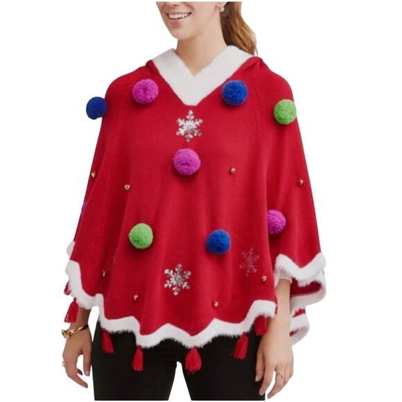 Plus Size Holiday Ugly Sweater Christmas Tree Hooded Pancho Cape Cloak - XXL - Picture 2 of 6